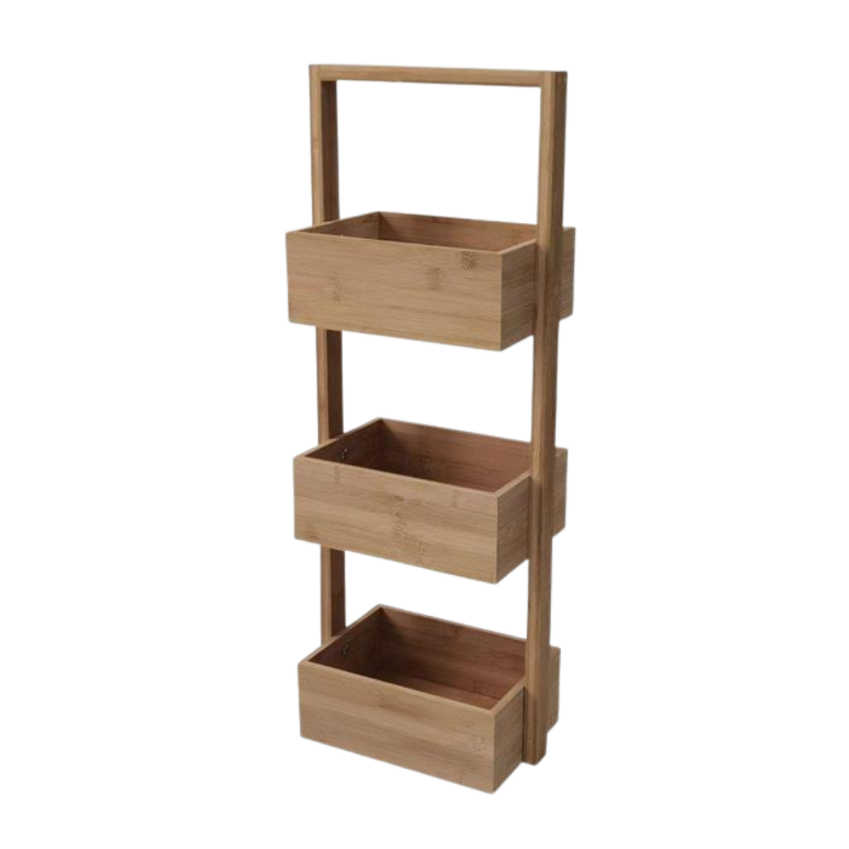 Freigestelltes Bild des Blumenregals NaturStufe aus Paulownia-Holz mit drei offenen Ablagen und mittigem Rahmen, frontseitig dargestellt.