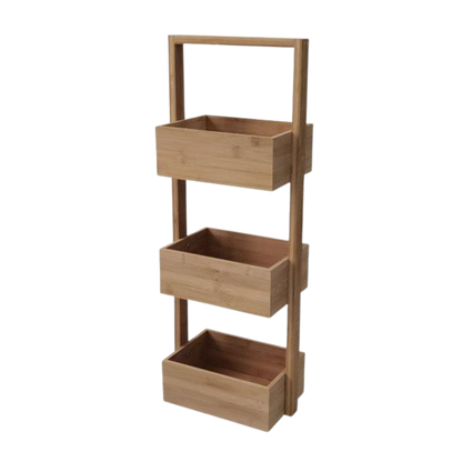 Freigestelltes Bild des Blumenregals NaturStufe aus Paulownia-Holz mit drei offenen Ablagen und mittigem Rahmen, frontseitig dargestellt.