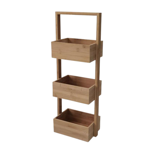 Freigestelltes Bild des Blumenregals NaturStufe aus Paulownia-Holz mit drei offenen Ablagen und mittigem Rahmen, frontseitig dargestellt.