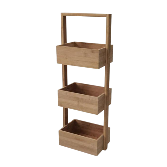 Freigestelltes Bild des Blumenregals NaturStufe aus Paulownia-Holz mit drei offenen Ablagen und mittigem Rahmen, frontseitig dargestellt.