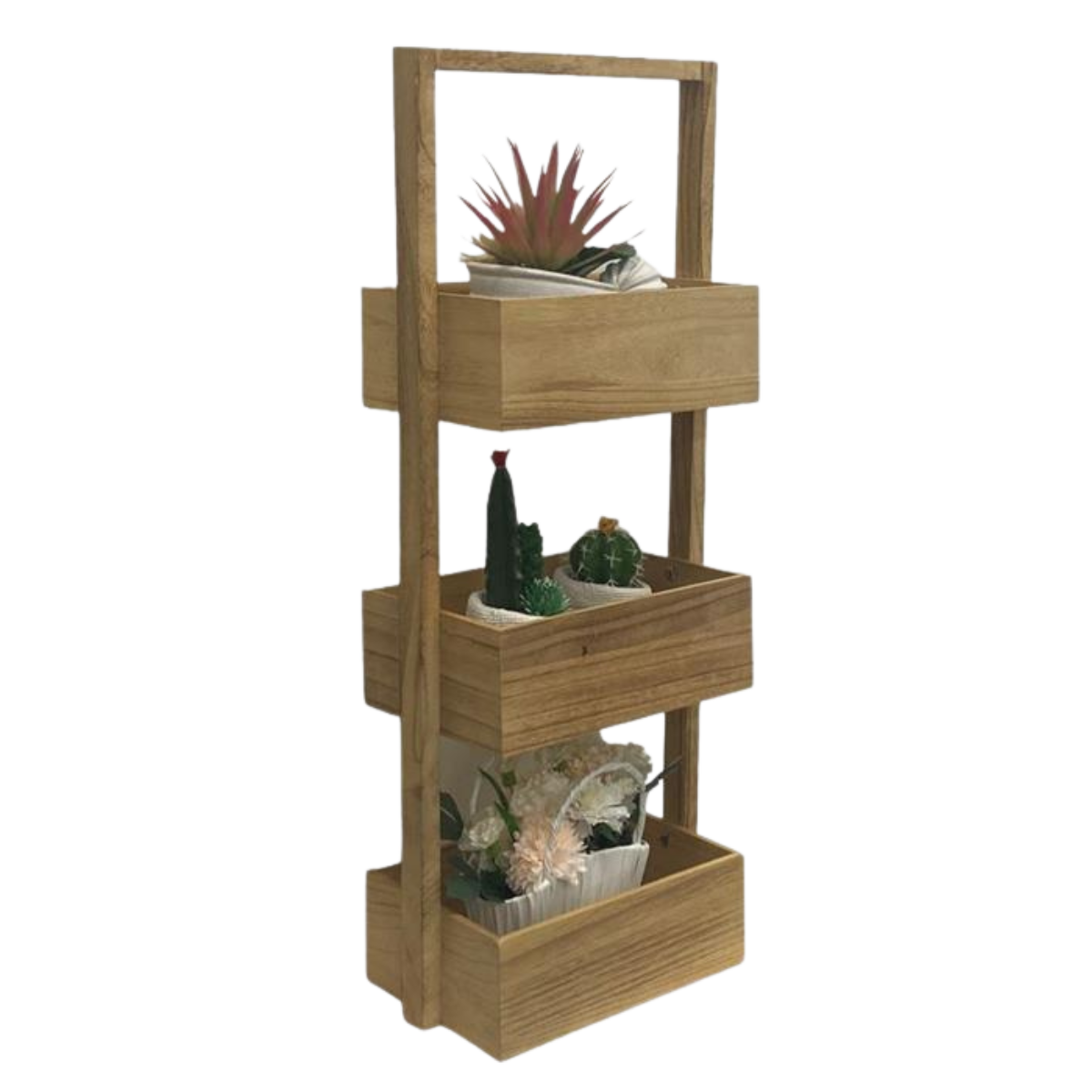 Blumenregal NaturStufe aus Paulownia-Holz mit drei offenen Ablagen, dekoriert mit Sukkulenten, Kakteen und Blumen, freigestellt vor transparentem Hintergrund.