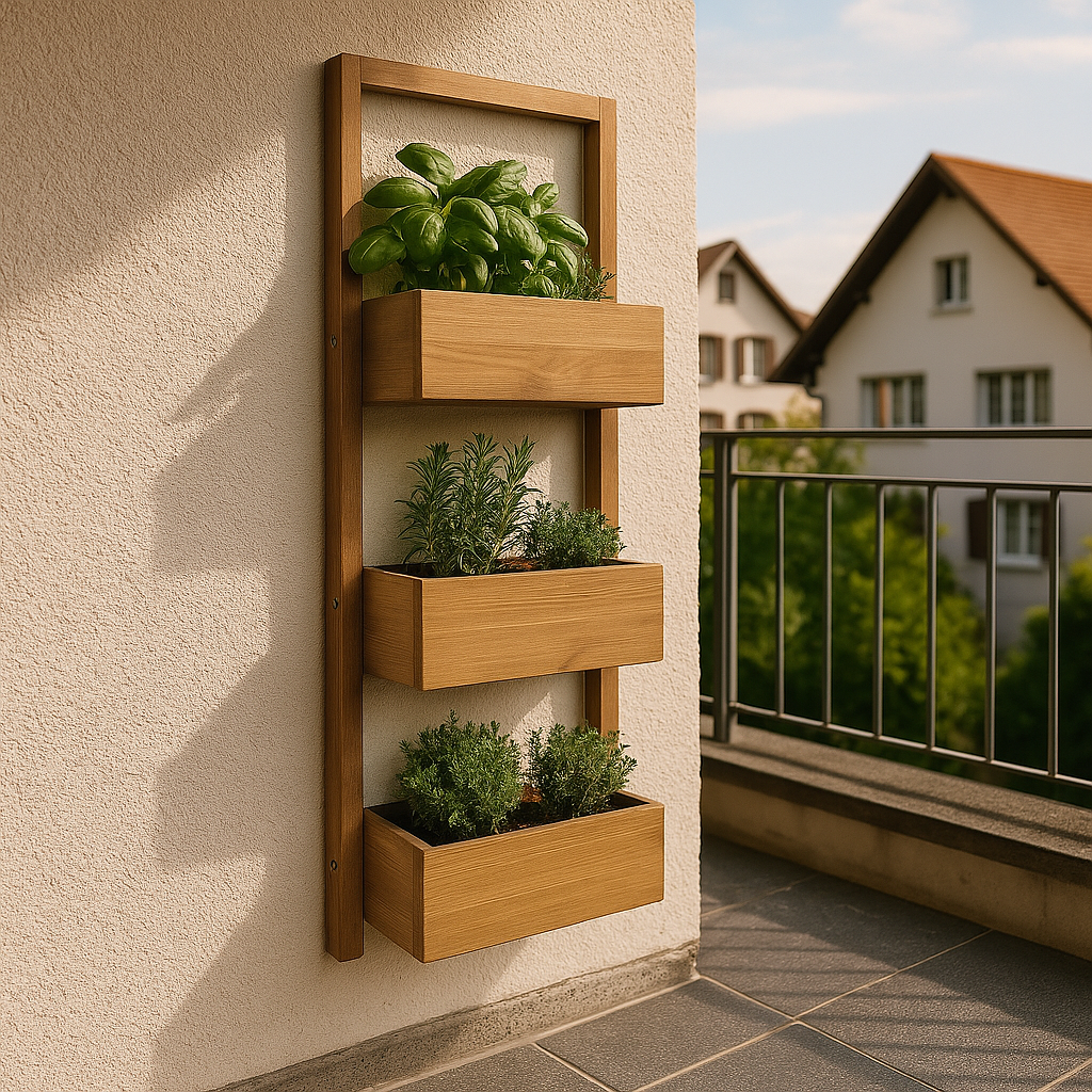 Blumenregal NaturStufe aus Paulownia-Holz, fotorealistisch an einer hellen Schweizer Balkonwand montiert, bepflanzt mit Basilikum und Kräutern.
