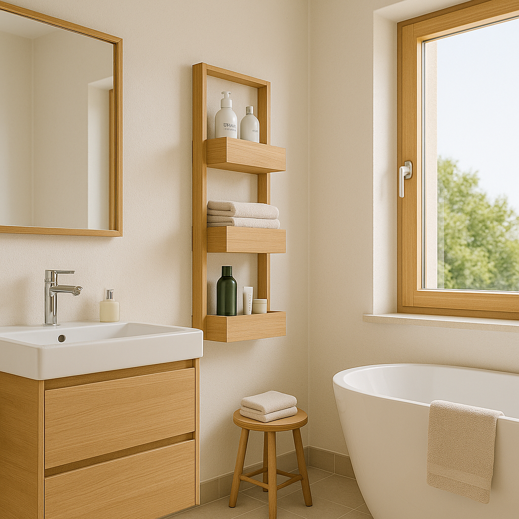 Blumenregal NaturStufe aus Paulownia-Holz in einem modernen Schweizer Badezimmer, dekoriert mit Handtüchern und Pflegeprodukten, fotorealistisch an der Wand montiert.