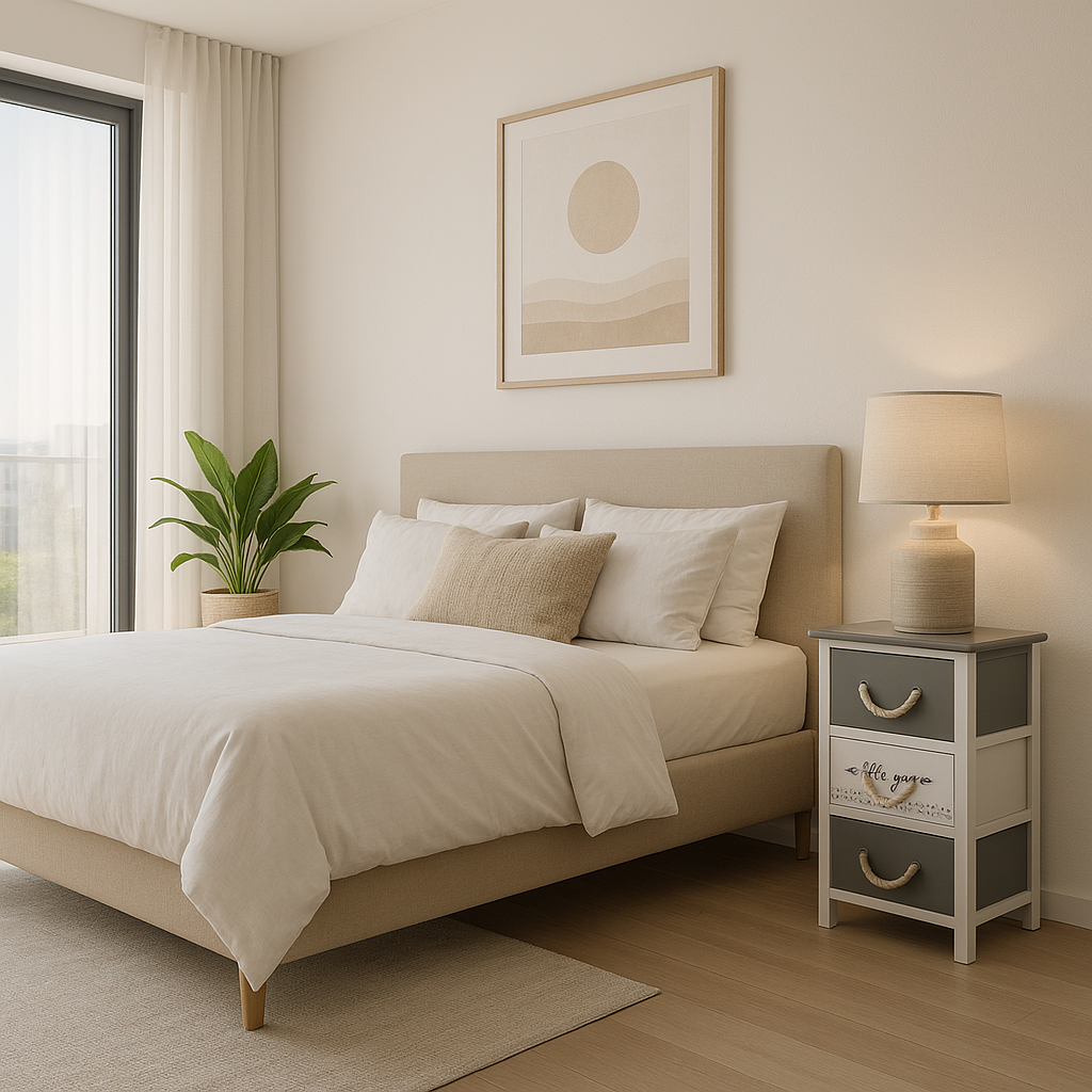 Kommode RopeCharm als Nachttisch in einem modernen, hellen Schlafzimmer mit beiger Bettwäsche und Tischlampe.
