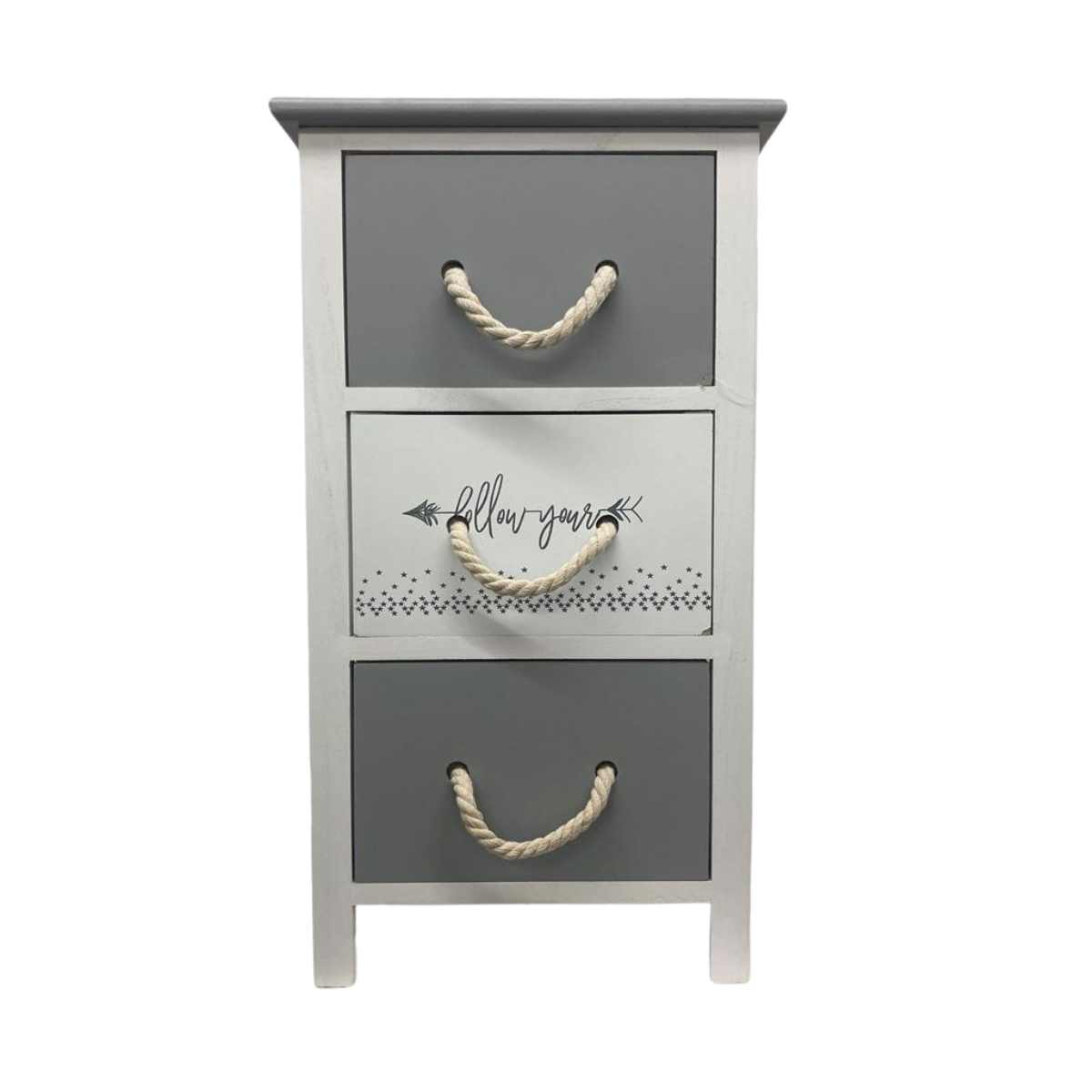 Kommode RopeCharm in Grau-Weiss mit drei Schubladen und dekorativen Seilgriffen.
