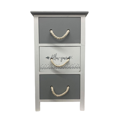 Kommode RopeCharm in Grau-Weiss mit drei Schubladen und dekorativen Seilgriffen.