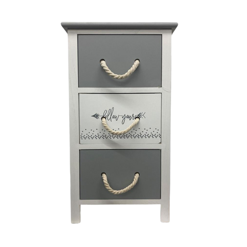 Kommode RopeCharm in Grau-Weiss mit drei Schubladen und dekorativen Seilgriffen.