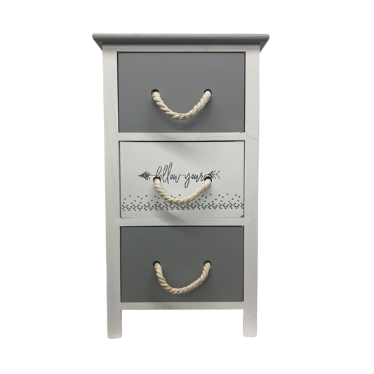 Kommode RopeCharm in Grau-Weiss mit drei Schubladen und dekorativen Seilgriffen.
