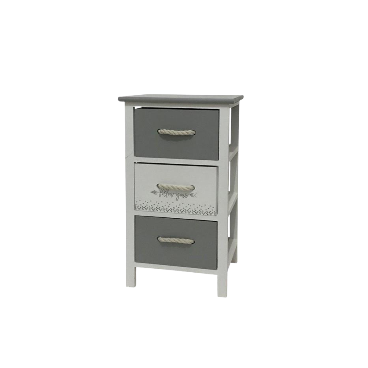 Kommode RopeCharm mit drei Schubladen in Grau-Weiss und Seilgriffen, frontal fotografiert auf hellem Hintergrund.