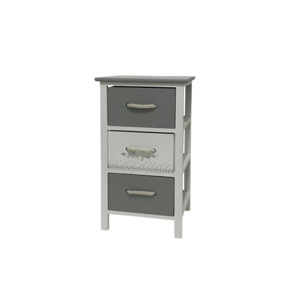 Kommode RopeCharm mit drei Schubladen in Grau-Weiss und Seilgriffen, frontal fotografiert auf hellem Hintergrund.