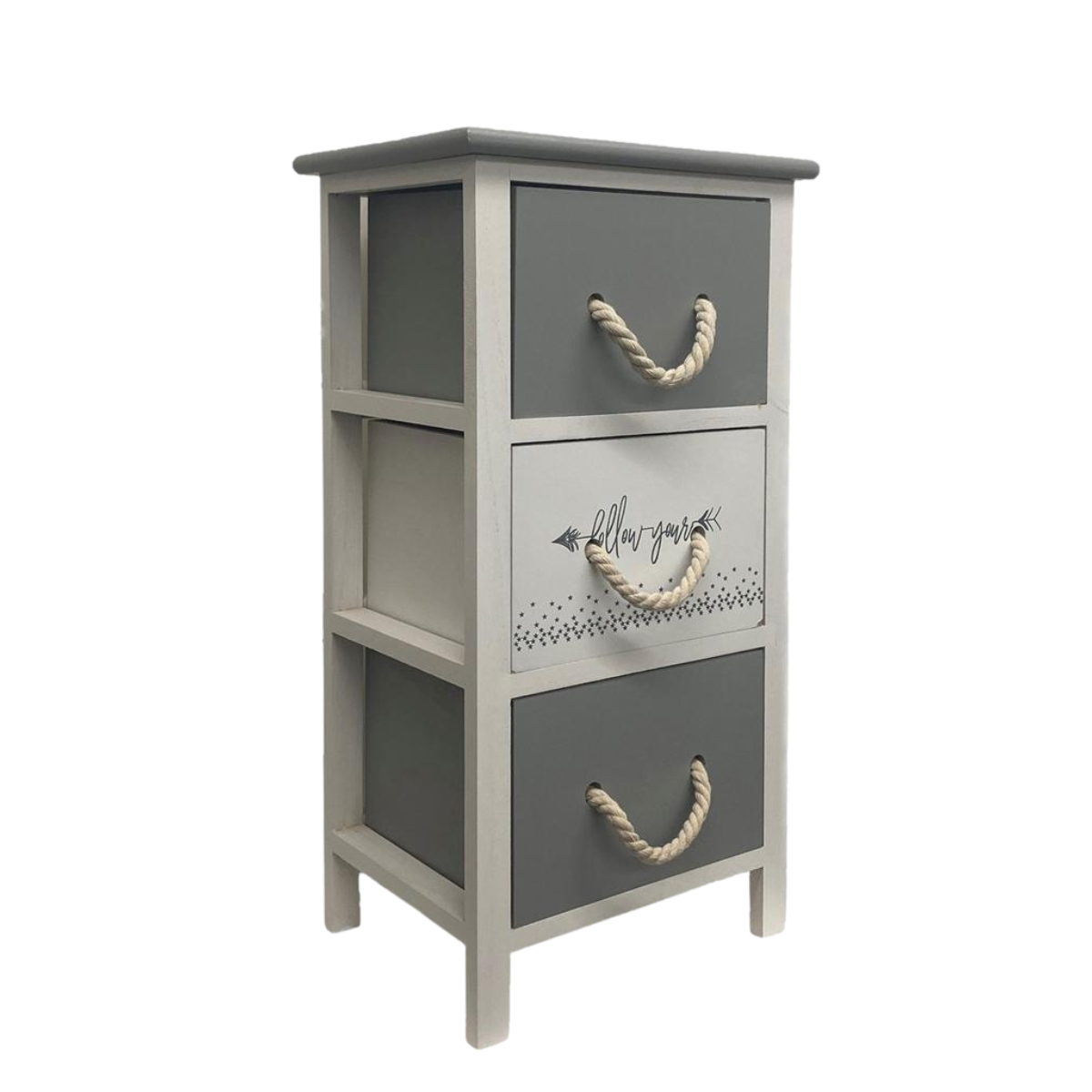 Kommode RopeCharm in Grau-Weiss mit drei Schubladen und Seilgriffen, leicht seitlich fotografiert.