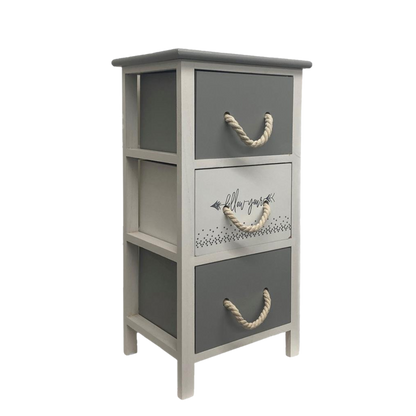 Kommode RopeCharm in Grau-Weiss mit drei Schubladen und Seilgriffen, leicht seitlich fotografiert.