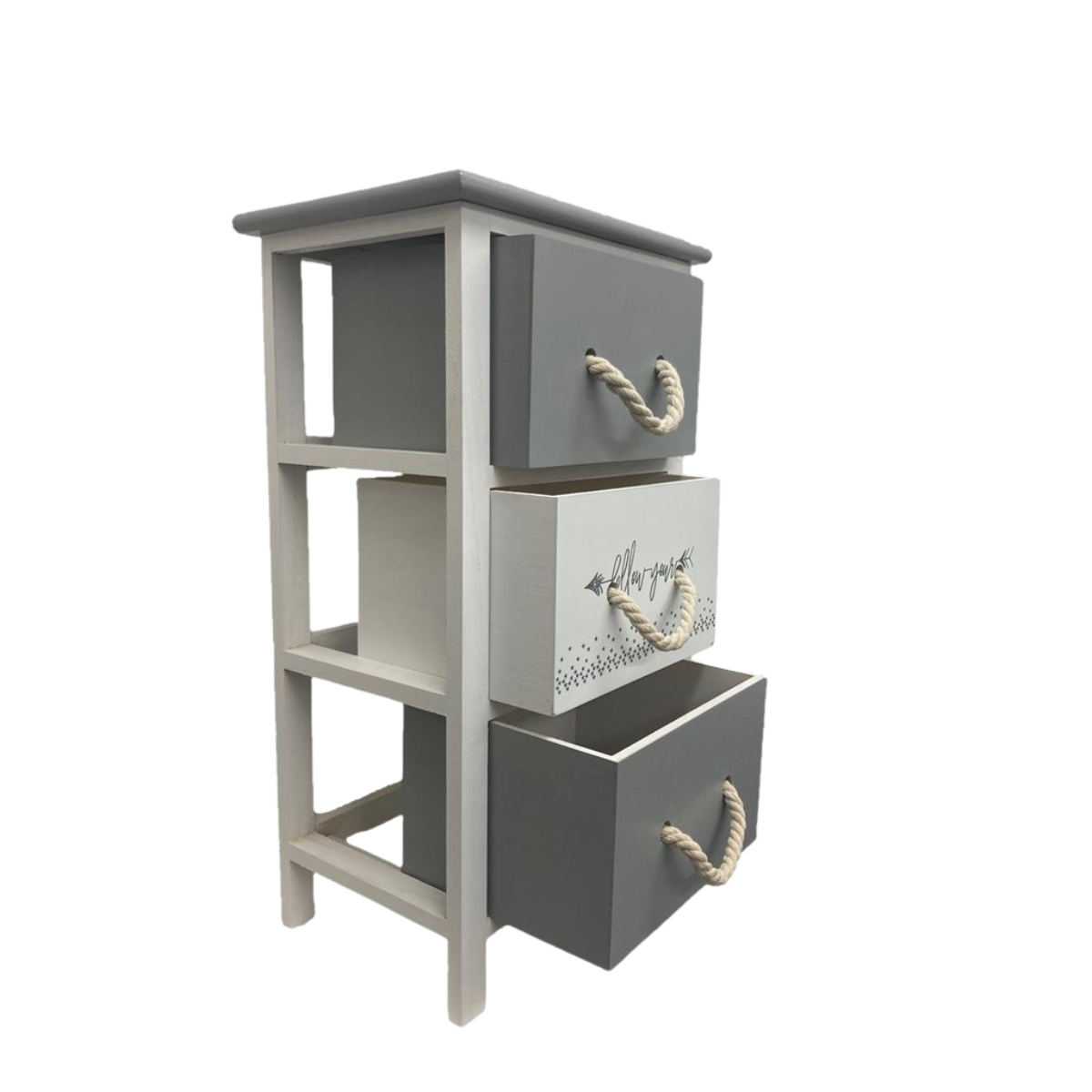 Kommode RopeCharm in Grau-Weiss mit geöffneten Schubladen und dekorativen Seilgriffen, seitliche Perspektive.