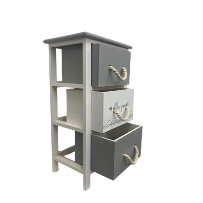 Kommode RopeCharm in Grau-Weiss mit geöffneten Schubladen und dekorativen Seilgriffen, seitliche Perspektive.