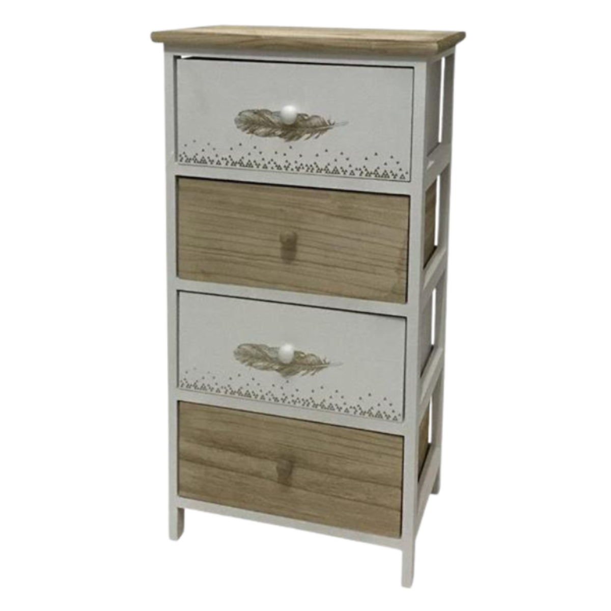 Kommode FederGrazia in Holz-Weiss-Design mit Feder-Motiv auf den Schubladen.