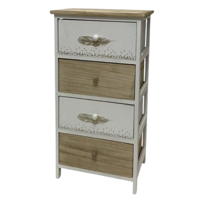 Kommode FederGrazia in Holz-Weiss-Design mit Feder-Motiv auf den Schubladen.