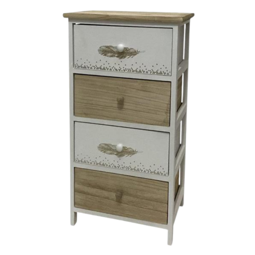 Kommode FederGrazia in Holz-Weiss-Design mit Feder-Motiv auf den Schubladen.