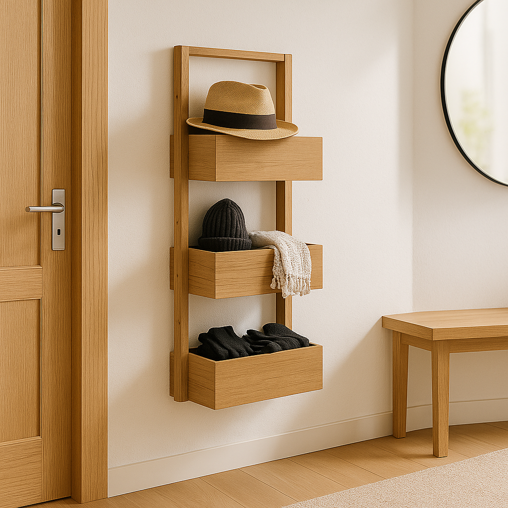 Blumenregal NaturStufe aus Paulownia-Holz, fotorealistisch im Eingangsbereich montiert, bestückt mit Hut, Schal und Winteraccessoires in einem modernen Schweizer Wohnstil.