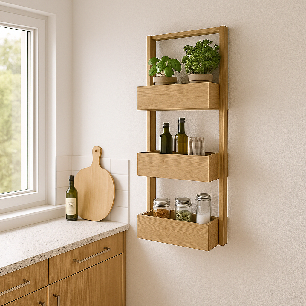 Blumenregal NaturStufe aus Paulownia-Holz, fotorealistisch in einer modernen Schweizer Küche montiert, bestückt mit Basilikum und Vorratsgläsern.