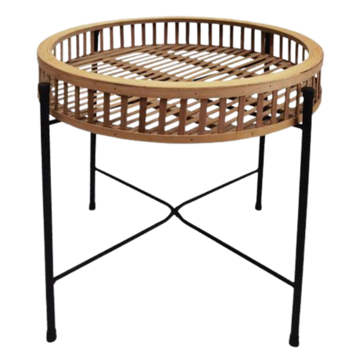 Runder Beistelltisch ZenTray mit Holztablett und schwarzem Metallgestell, freigestellt auf weißem Hintergrund.