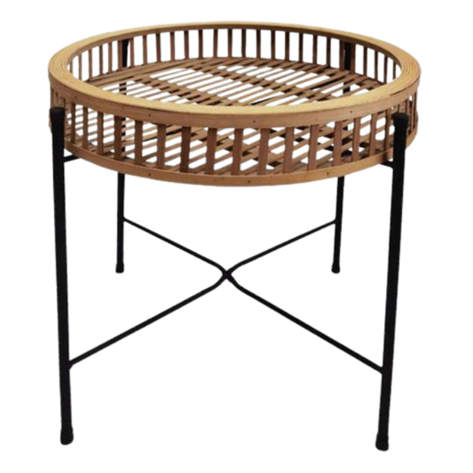 Runder Beistelltisch ZenTray mit Holztablett und schwarzem Metallgestell, freigestellt auf weißem Hintergrund.