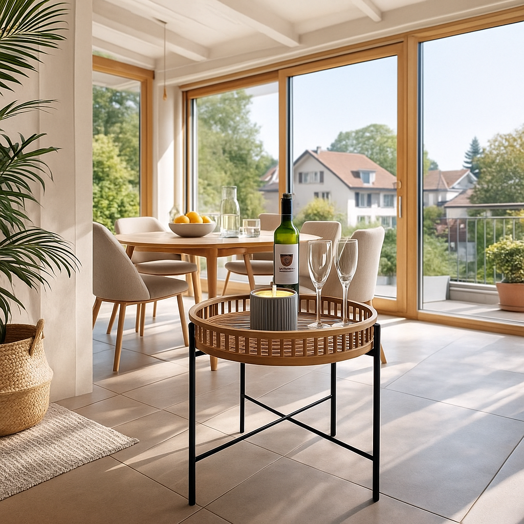 Runder Beistelltisch ZenTray aus Holz und Metall in einem hellen Schweizer Wintergarten, dekoriert mit Weinflasche, Gläsern und Kerze.