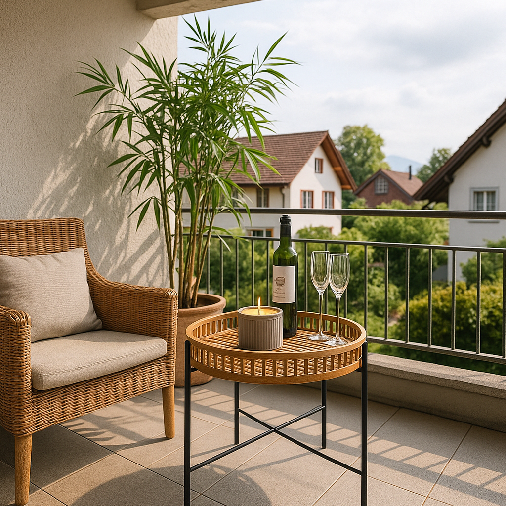 Runder Beistelltisch ZenTray auf einem Schweizer Balkon, dekoriert mit Kerze, Weinflasche und Gläsern neben einem Rattan-Sessel mit Kissen.