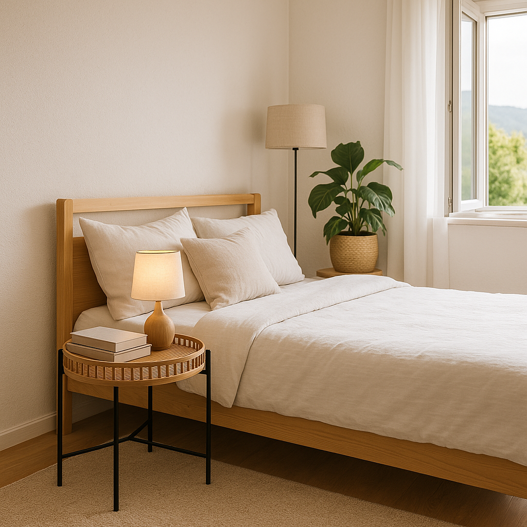 Runder Beistelltisch ZenTray als Nachttisch in einem hellen, modernen Schlafzimmer mit Holzbett, Tischlampe und Deko-Büchern.